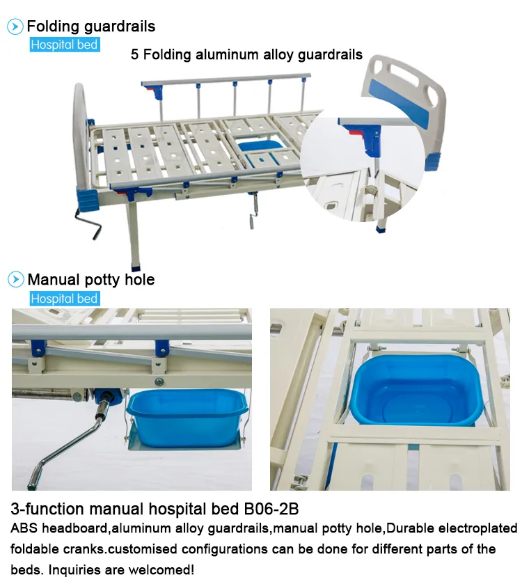Adjustable Manual Sanitary 3 Cranks Elderly Hospital Bed with Toilet