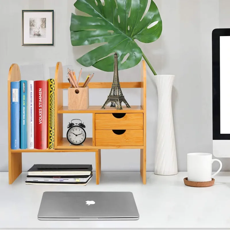 Bamboo Desktop Bookshelf Expandable Desktop Organizer Storage Organizer Display Shelf Rack for Office