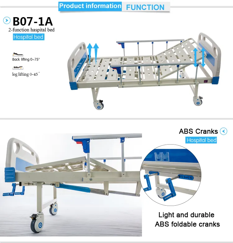 China Suppliers 2 Function Manual ABS Head Hospital Bed with Side Rail