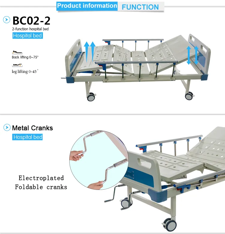 Height Adjustable 2 Cranks Manual Metal Hospital Bed for Bedridden Patients