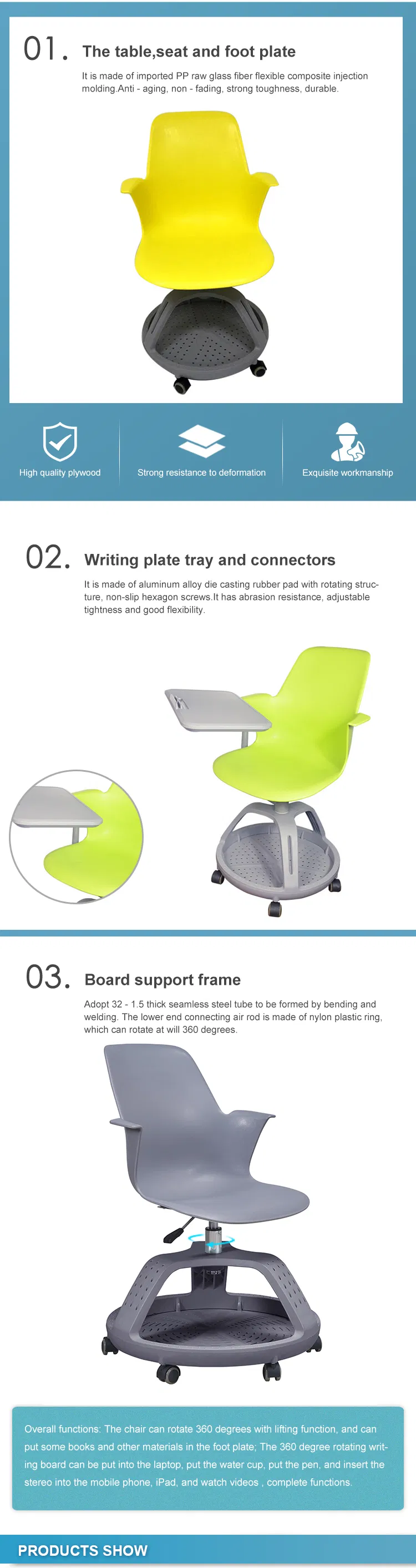 Modern Plastic Training Student Study Chairs with Writing Pad