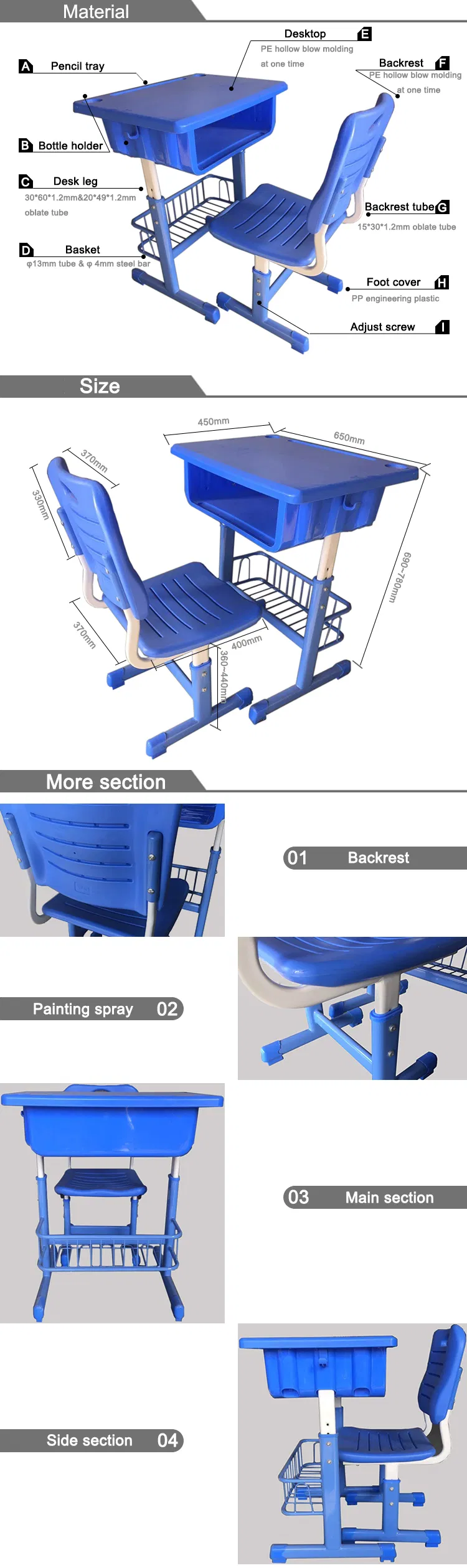 School Student Single Study Desk Chair Sets