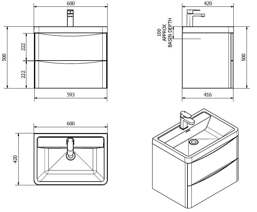 Wall Hung Bathroom Vanity Cabinet 2 Drawer White Gloss 600/800/900